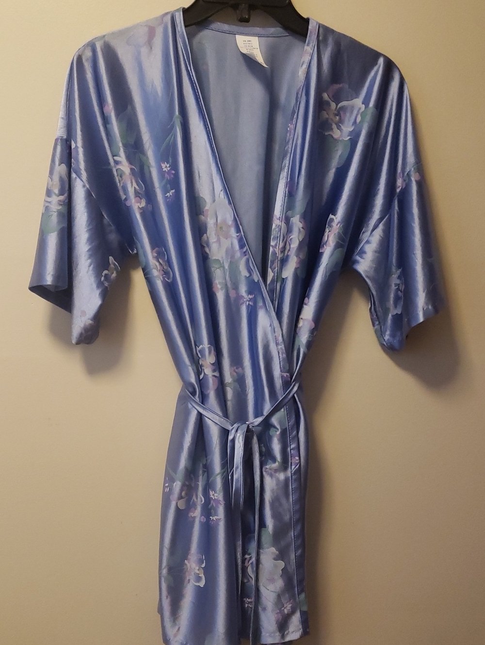 Vintage 70's Silky Blue Floral Satin Robe with Belt